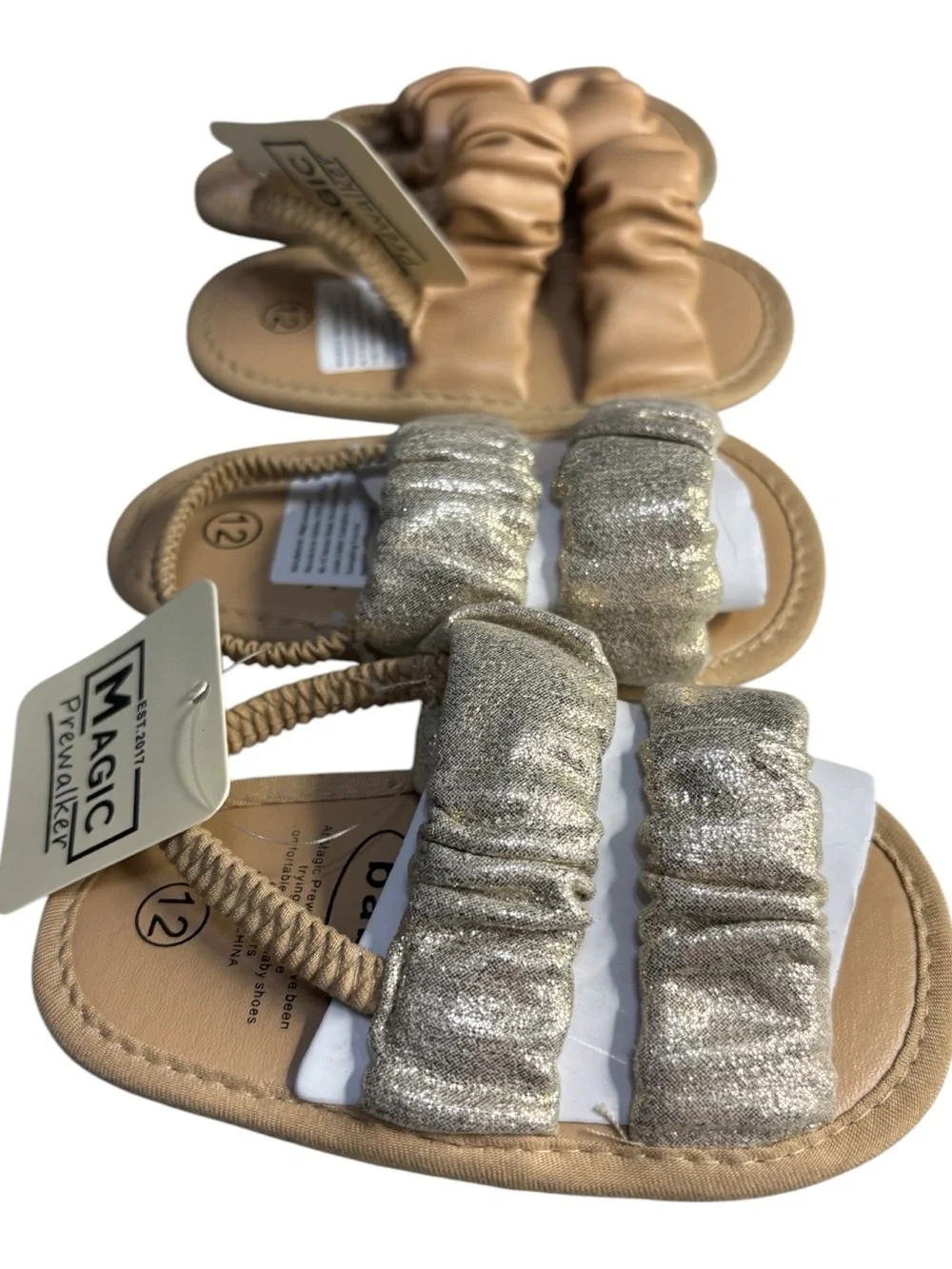 2 Pairs Magic Prewalker Baby Girl Shoes Sandals Metallic & Tan Size 12